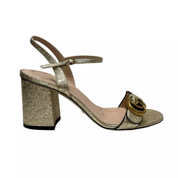 $850 Gucci Gold Marmont Metallic Lambskin Platino Sandals Heels sz 39/9B Heels - Picture 2 of 16